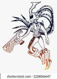 Аlien with a big gun. Vector isolated illustration. Fantasy art, sticker, coloring books.