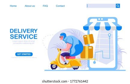 Big guy riding blue scooter vintage motorcycle carrying boxes express delivery service. Mobile phone map at background. Online shopping concept vector illustration for web design, banner, mobile app