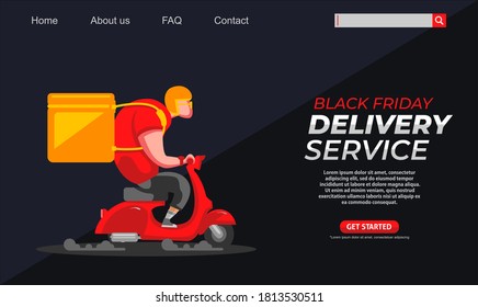 Big guy riding scooter vintage motorcycle carrying boxes delivery service. Black Friday landing page design. Web banner design, scooter club, Flat style illustration. Scalable and editable vector.