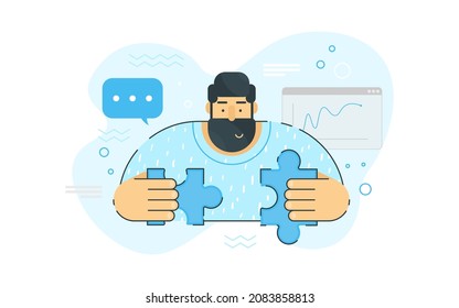 Big guy trying to solve puzzle conceptual flat illustration. Creative simple flat illustration.