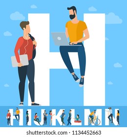 Big H letter. White letter with  young people with  tablets and smartphones and computers sending and sharing  social media posts. Flat design vector typeface initial  concept over sky background.