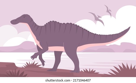 Big hadrosaurus. Bathes in water. Ancient lizard. Herbivorous dinosaur of the Jurassic period. Vector cartoon illustration. Prehistoric nature. Wild landscape with a lake