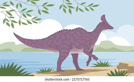 Big hadrosaurus. Bathes in water. Ancient lizard. Herbivorous dinosaur of the Jurassic period. Vector cartoon illustration. Prehistoric nature. Wild landscape with a lake