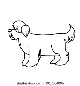 Big hairy dog, shepherd dog. Cute dog with new haircut. Doodle icon. Vector illustration of a dog. Editable element.