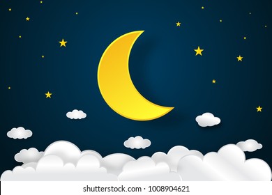 Big half moon, clouds and stars in the dark night as paper art and craft style concept. vector illustrator.