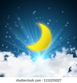 Big half moon with clouds and stars in the dark night. vector illustration.