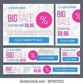 Big, half price and one day sale banner set. Summer theme. Vector.