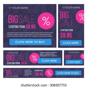 Big, half price and one day sale banner set. Summer theme. Vector.