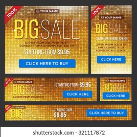 Big, half price and one day sale banner set. Luxury gold. Vector eps 10