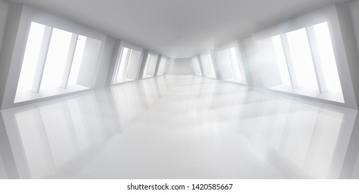 Big hall with windows. Empty lit interior. White room. Vector illustration.