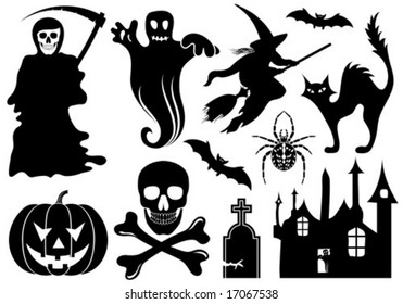 Big Halloween collection with bat, pumpkin, witch, ghost, element for design, vector illustration