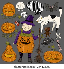 Big halloween colorful set with little girl witch, cat, scary faces pumpkins, heart, spider, candy, bones, skull, broom, teddy bear and bat  on gray background in cartoon style. Vector illustration.