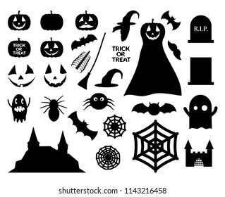 Big Halloween decoration elements black silhouettes collection.