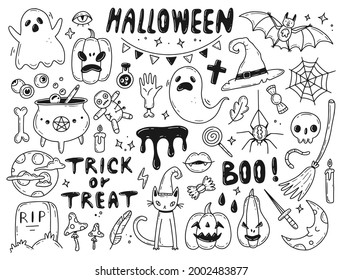 Großes Halloween-Doodle-Set. Vektorgrafik mit isolierten Elementen.