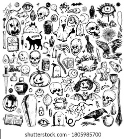 Big halloween doodles collection. Hand drawn vector illustration set. Simple contour drawings isolated on white. Vintage sketch style. Scary, magical, esoteric, cute, funny elements for holiday design