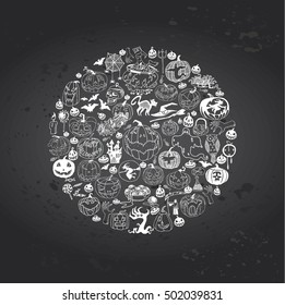 Big Halloween Hand Drawn Objects Set in the Circle on the Gray Chalkboard Background.
