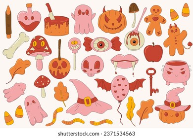 Big Halloween hand drawn set. Cute creepy and kawaii spooky elements. Retro cartoon style. Groovy clipart collection. Monsters mascot. Witch's cauldron, pumpkin, ghost, skull, poison, hat, mushroom.