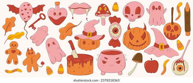 Grosses Halloween-handgezeichnetes Set. Feine, gruselige und kawaii-verzogene Elemente. Retro Cartoon Stil. Groovy Clip Art Kollektion. Monster-Maskottchen. Hexenkessel, Kürbis, Geist, Schädel, Gift, Hut, Pilz.