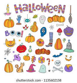 Big halloween objects vector set. Lovely collection of doodle icons.