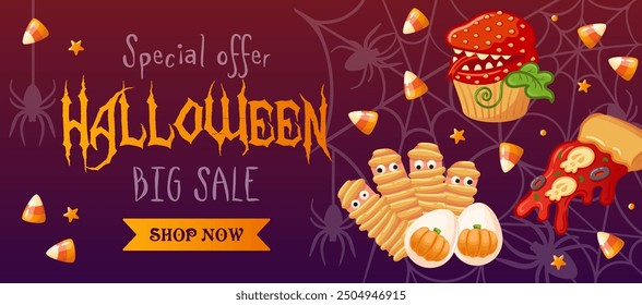 Big Halloween sale. Bright horizontal vector banner in cartoon style. Treats for Parties a delightful spooky addition to celebrate. For advertising, website, poster, sale flyer.