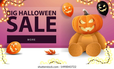 Big Halloween sale, horizontal discount pink banner with halloween balloons, garland and Teddy bear with Jack pumpkin head.