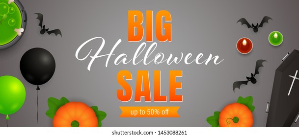 Big Halloween Sale lettering, potion, candles, bats. Invitation or advertising design. Handwritten and typed text, calligraphy. For leaflets, brochures, invitations, posters or banners.