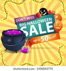 Big Halloween sale, square discount green banner with halloween balloons, garland, witch's cauldron with potion. Discount banner with up to 50% off