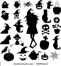 Big halloween set of black icons isolated on white background. Vector illustration.