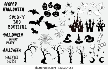 Big Halloween set. Black and white pictures and lettering. White background, isolator.
