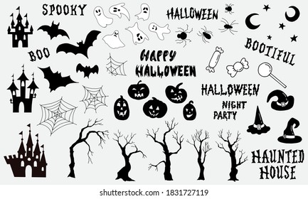 Big Halloween set. Black and white pictures and lettering. White background, isolator.	
