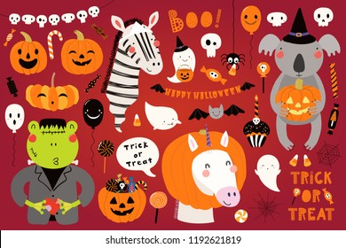 Big Halloween set with cute animals koala, unicorn, zebra, frog in costumes, ghosts, pumpkin, candy. Isolated objects. Hand drawn vector illustration. Scandinavian style flat design. Concept for party