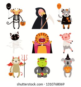 Big Halloween set with cute animals in costumes with candy, pumpkin, balloons. Isolated objects. Hand drawn vector illustration. Scandinavian style flat design. Concept kids print, party invitation.