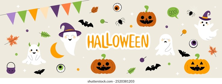 Gran conjunto de Elementos de diseño de Halloween. Letras de mano, fantasmas, calabaza, guirnalda, dulces, arañas, murciélagos. Colección para pegatina, decoración, scrapbooking.