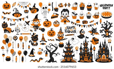 Big Halloween set of elements. Pumpkins, Halloween sweets and characters, black cats, skeleton, bat, witch and others. Halloween castles and decorations, garlands-flags and balloons.