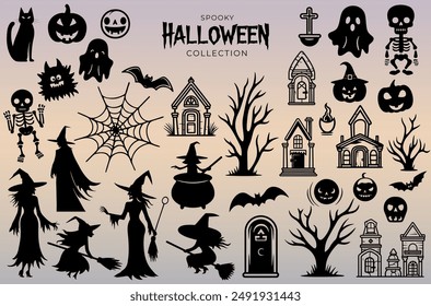 Big halloween set. Monochrome halloween concept. Halloween silhouettes. Black witch, pumpkin, bat, ghost, skeleton, castle. 