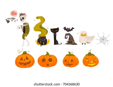 Big Halloween set - pumpkin lantern, zombie, bat, cat, bat, spider web, cauldron, pointy hat, cartoon vector illustration isolated on white background. Big set, collection of cartoon Halloween objects