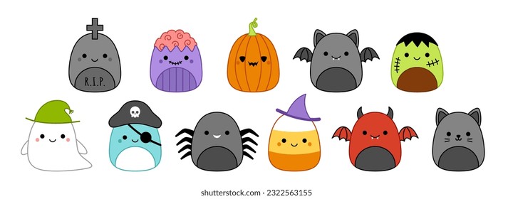 Big Halloween set of squishmallows. Squishmallow. Halloween set. Kawaii, cartoon. Isolated vector illustration eps 10