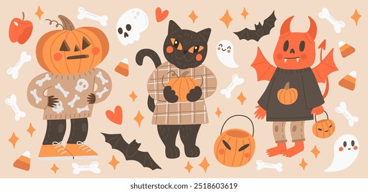 Grande conjunto de vetor de Halloween. Menino com cabeça de abóbora, gato preto no vestido e demônio vermelho com elementos de Halloween - fantasmas, crânio, ossos, morcegos. Elementos de design de outono bonito. 