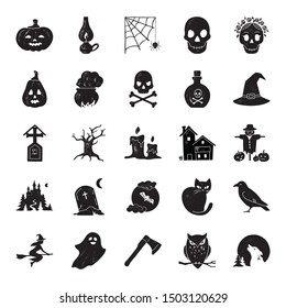 Big Halloween vector set of modern simple icons in retro style.