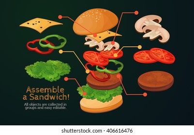 Big hamburger . Assemble burger ingredients . Making menu .