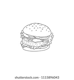 Big hamburger with beef, bun with sesame seeds and vegetables in sketch style isolated on white background - hand drawn black lines vector illustration of tasty lunch fastfood.