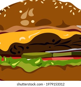 Big hamburger with cheese, beef and salads. Vector illustration 