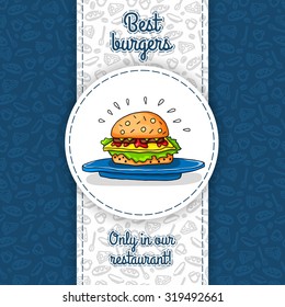 Big hamburger with cheese, sauce, two burgers, lettuce, lying on big blue plate. Vector work for flyers, menus, packaging, advertising, cafes and restaurants. Seamless pattern, texture of restaurant. 