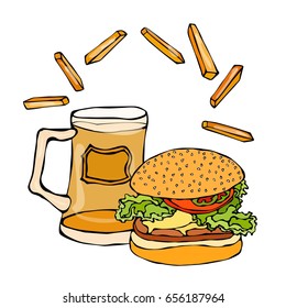 Big Hamburger or Cheeseburger, Beer Mug or Pint and Fried Potato. Burger Logo. Realistic Doodle Cartoon Style Hand Drawn Sketch Vector Illustration.Isolated On a White Background.
