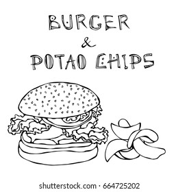 Big Hamburger or Cheeseburger, Beer Mug or Pint and Potato Chips. Burger Logo. Isolated On a White Background. Realistic Hand Drawn Sketch Vector Illustration. Savoyar Doodle Style.