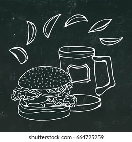 Big Hamburger or Cheeseburger, Beer Mug or Pint and Fried Potato. Burger Lettering. Isolated on a Black Chalkboard Background. Realistic Doodle Cartoon Style Hand Drawn Sketch Vector Illustration.