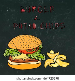 Big Hamburger or Cheeseburger, Beer Mug or Pint and Potato Chips. Burger Logo. Isolated on a Black Chalkboard Background. Realistic Doodle Cartoon Style Hand Drawn Sketch Vector Illustration.