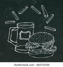 Big Hamburger or Cheeseburger, Beer Mug or Pint and Fried Potato. Burger Logo. Isolated on a Black Chalkboard Background.Realistic Doodle Cartoon Style Hand Drawn Sketch Vector Illustration.