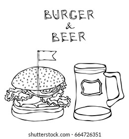 Big Hamburger or Cheeseburger and Beer Mug or Pint. Burger Lettering. Isolated On a White Background. Realistic Doodle Cartoon Style Hand Drawn Sketch Vector Illustration.
