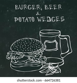 Big Hamburger or Cheeseburger, Beer Mug or Pint and Fried Potato. Burger Lettering. Isolated on a Black Chalkboard Background. Realistic Doodle Cartoon Style Hand Drawn Sketch Vector Illustration.